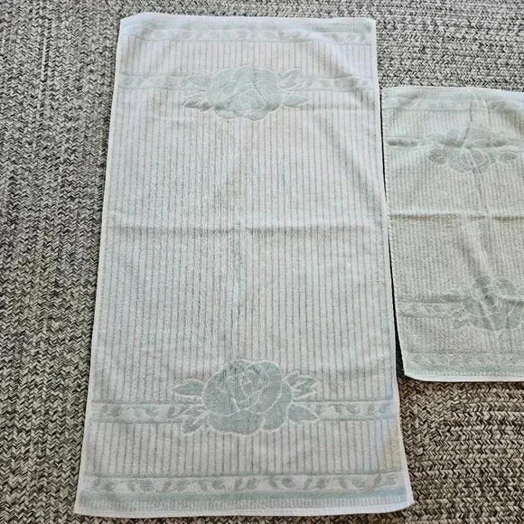 Cannon Bath & Hand Towel Royal Family Retro Mod‎ Flowers Mint Green USA Vintage - Picture 2 of 14